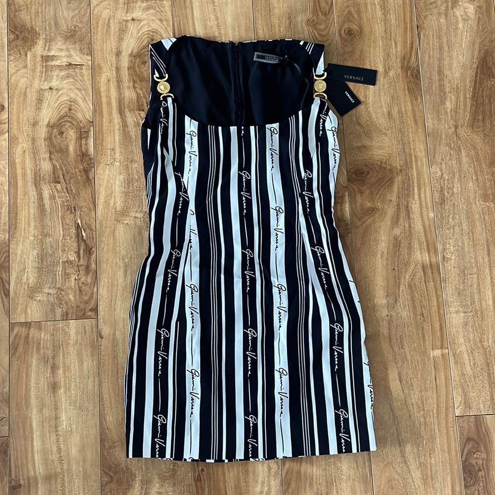 Versace Limited Edition Embellished Triped Crepe Mini Dress